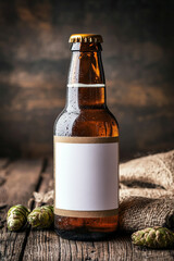Wall Mural - A close-up of a brown beer bottle wrapped in fresh hops, showcasing the blank white label. The soft light highlights the dew on the hops, adding a fresh and rustic feel to the craft brewing experience