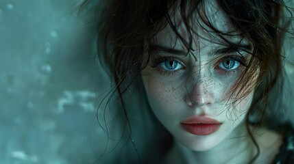 Wall Mural - Intense Blue Eyes: A Close-Up Portrait of a Woman