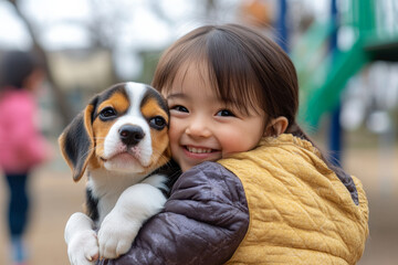 A cheerful preschooler with Japanese heritage, tightly hugging a fluffy beagle puppy on a playground. The joy on her face, with friends playing nearby, captures the essence of childhood happiness.