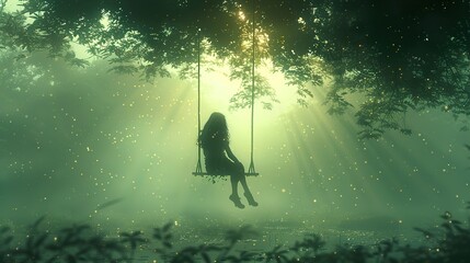 Wall Mural - Enchanted Forest: A Girl on a Swing in a Dreamy Landscape