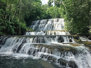 Wall Mural - A waterfall with a lush green forest in the background. The water is flowing down the rocks and creating a beautiful scene