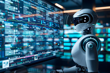 Wall Mural - humanoid robot video conference business call on computer screen, robot, ai, meet, artificial, intel