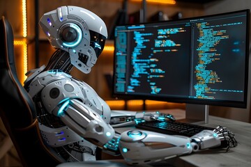 humanoid robot programmer. machine coding on computer, robot, code, ai, artificial, intelligence, we