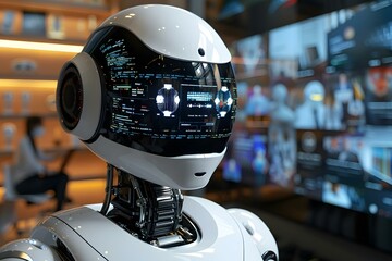 Wall Mural - humanoid robot webinar call. online work meeting, robot, conference, ai, artificial, video, intellig