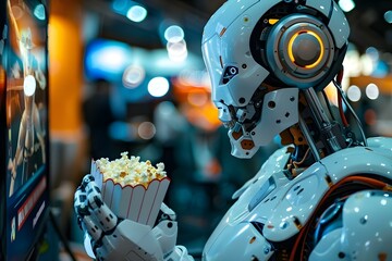 Wall Mural - Close-up Of A Humanoid Robot Enjoying Watching Movie On Television While Eating Popcorn