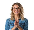 © olegganko - Smiling young woman with glasses expresses gratitude in a casual denim jacket