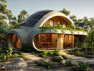 Wall Mural - A house with a green roof and a lot of plants. The house is made of concrete and has a lot of windows