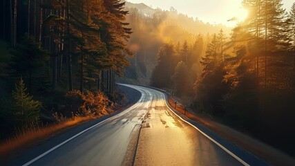 Wall Mural - empty asphalt road is winding through a forest at sunset or sunrise, with the sun rays illuminating 