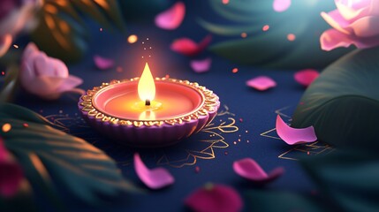 Lit diya traditional oil lamp on dark blue background with rose flowers and petals. Deepavali, Diwali. Hindu festival of lights. Loy Krathong. Template with copy space for Indian holidays