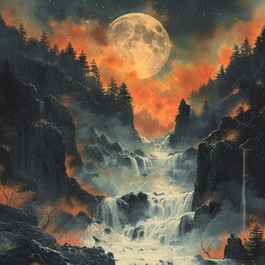 Wall Mural - Mystical Waterfall Under a Full Moon: A Dreamlike Landscape