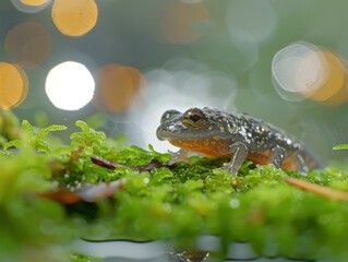 Wall Mural - A small frog sits on a patch of moss. AI.