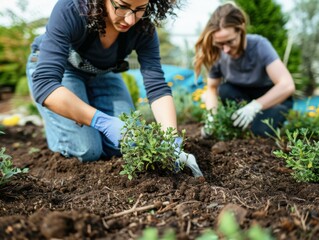 Poster - Two people planting in the garden. AI.