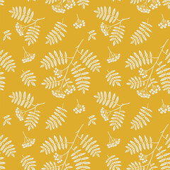 Wall Mural - Autumn background with rowan and leaves. Fall seamless pattern. Hand drawn yellow illustration and wallpaper design.
