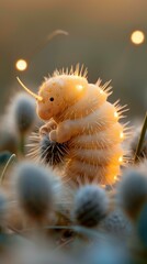 Wall Mural - A spiky, fuzzy creature with a horn sits on a plant with a blurry background. AI.