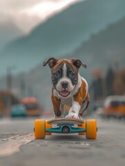 Canvas Print - A cute puppy skateboarding down the street. AI.