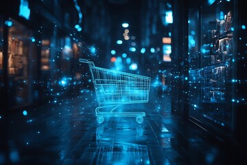 3D rendering of a shopping cart with glowing lines in a futuristic retail store setting, digital shopping, e commerce, online shopping, future technology