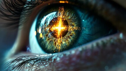 Poster - Close-up of a digital eye with glowing circuit cross, futuristic vision concept