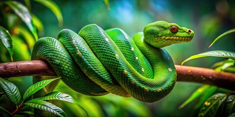 Wall Mural - Green snake coiled gracefully on a branch amidst vibrant foliage in a lush forest environment