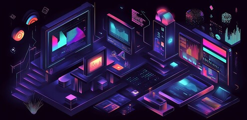 Poster - Futuristic Tech Isometric Illustration with Neon Lights