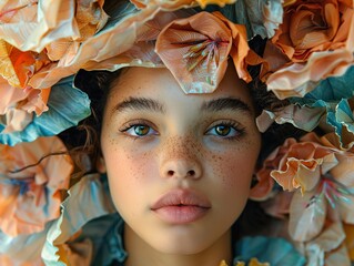 Poster - Close-up Portrait of Woman with Flowers