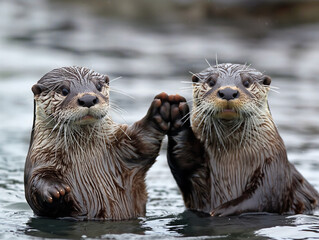 Wall Mural - Two otters are playing in the water. One of them is holding the other otter's paw