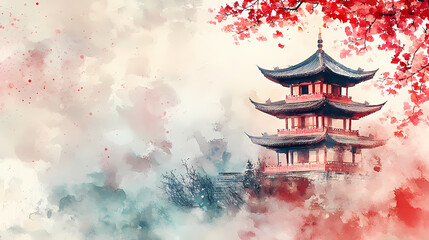 Wall Mural - A pagoda in watercolor style on an light abstract paint background. Chinese Pagoda. Illustration
