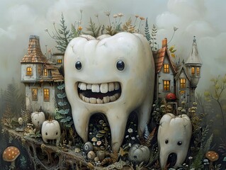 Poster - Surreal Tooth Village: A Whimsical Fantasy Painting