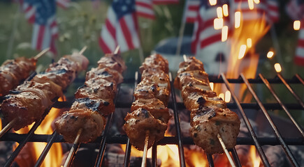 summer BBQ meat on skewers over fire, with American flags and string lights in the background, celebrating 4th July independence day outdoor party, grilling barbecue close-up shot