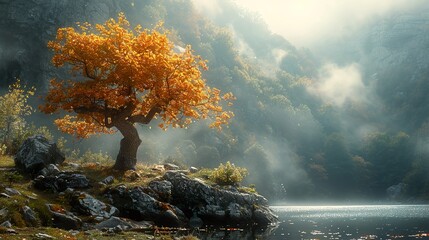 Poster - Golden Autumn Tree by the Misty Lake - Nature Photography