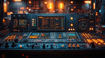 A futuristic control panel with glowing buttons and a digital display.