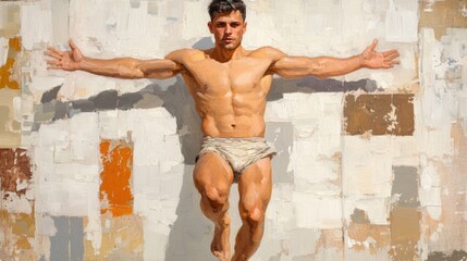 Sticker - A painting of a man in his underwear standing on the ground, AI