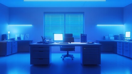 Wall Mural - Modern office with blue LED lights and computer workspaces.  Concept for productivity, technology, innovation, business.