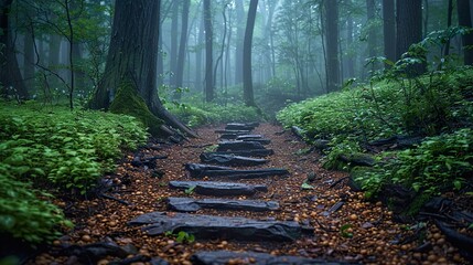 Poster - Mystical Forest Path: Stone Steps Leading Through Fog