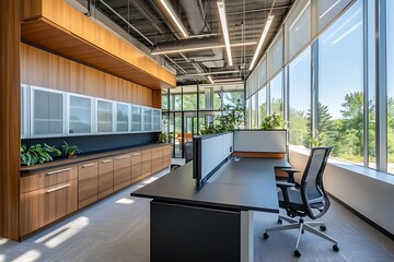 Canvas Print - Modern office interior design with two desks, windows, and wood cabinets