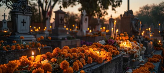 Wall Mural - Dia de los Muertos Cemetery with Marigold Garlands and Candlelight at Dusk