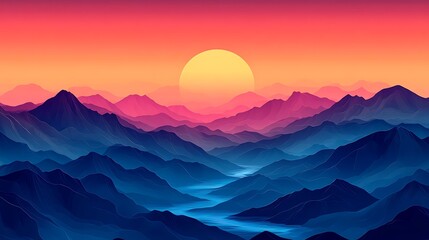 Sticker - Abstract Sunset Over Mountains With Vibrant Colors and Gradient Background