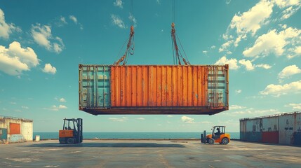 A rusty shipping container being lifted by a crane at a dock with two forklifts on either side.