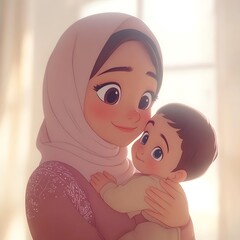 Loving Muslim mother holding baby.  Motherhood, care, family, and love illustration