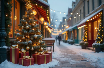 Christmas tree decorated with golden balls, garlands and gift boxes on a winter street outside a cafe. Generated AI