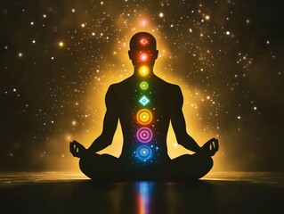 Canvas Print - Meditation and chakras. Silhouette of a body. Chakras are various focal points used in a variety of ancient meditation practices, Tantra, part of the traditions of Hinduism and Buddhism, ai generative