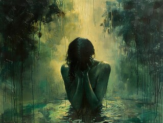 Wall Mural - Woman in Water: A Painting of Sadness and Reflection