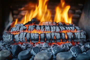 Flames dancing in a fireplace, charred logs. Generative AI