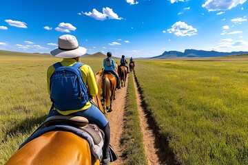 A group of tourists horseback riding through open fields, with mountains in the distance, symbolizing the adventure and connection to nature in rural tourism