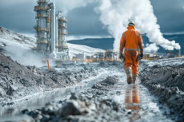 A worker in an orange jumpsuit walks through a muddy path in front of a geothermal power plant.