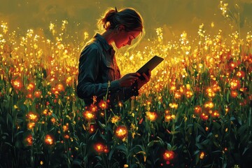 A young woman stands in a field of glowing flowers, looking down at a tablet.