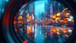 © zulie - A view of a bustling city street through a camera lens, with blurred lights and reflections in the wet pavement.