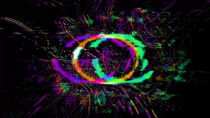 Leinwandbilder - A dynamic abstract composition featuring neon green purple orange light bursts on a black background.