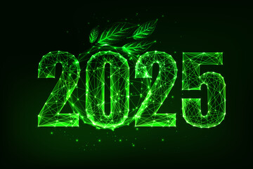 Wall Mural - sustianable future 2025 new year web banner with glowing digits and leaves on green background.