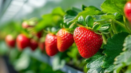 Poster - Close-up of a Ripe Strawberry on a Plant with Green Leaves