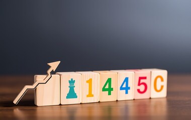 Wooden blocks with an arrow pointing up and the symbol of chess on them, a growing bar graph from left to right displaying colourful numbers with symbols.
